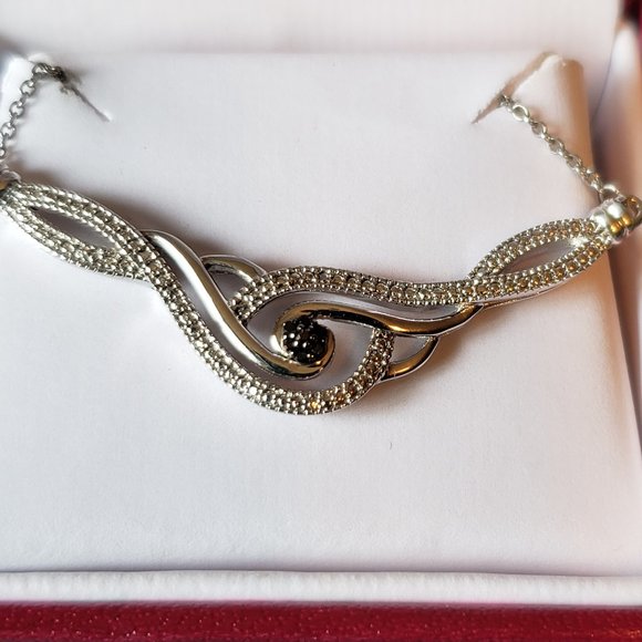 2/150$ HELZBERG STERLING SILVER SWIRL NECKLACE 7 BLACK ROUND SINGLE CUT DIAMOND - Picture 2 of 8